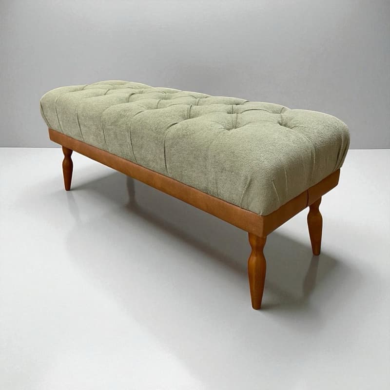 Recamier Puff 100cm ou 120cm em Tecido Bouclé com Base de Courino Amadeirado e Pés de Madeira